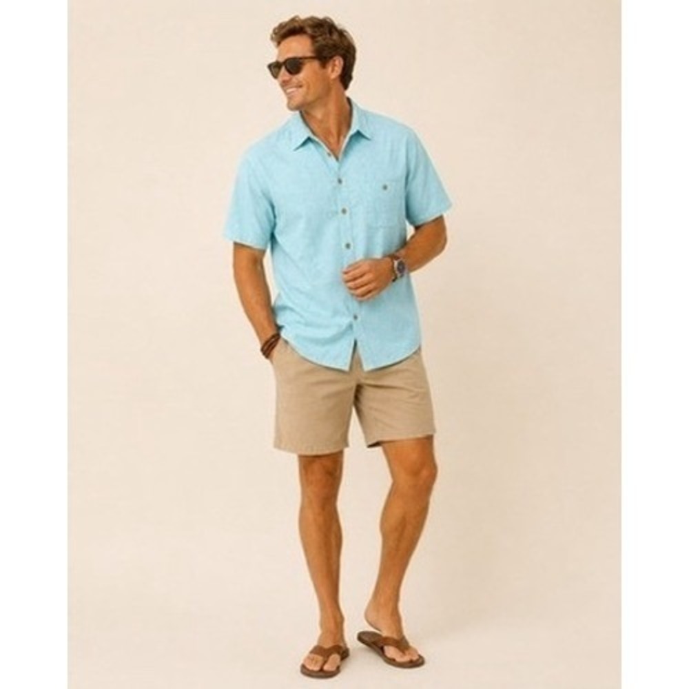 Joe Marlin Mens Light Blue Tropical Short Sleeve Button Down Shirt Size Large